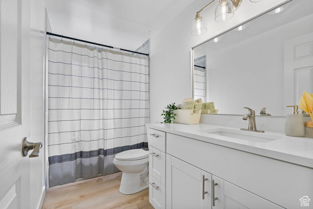 Full bathroom featuring vanity, toilet, and wood finished floors