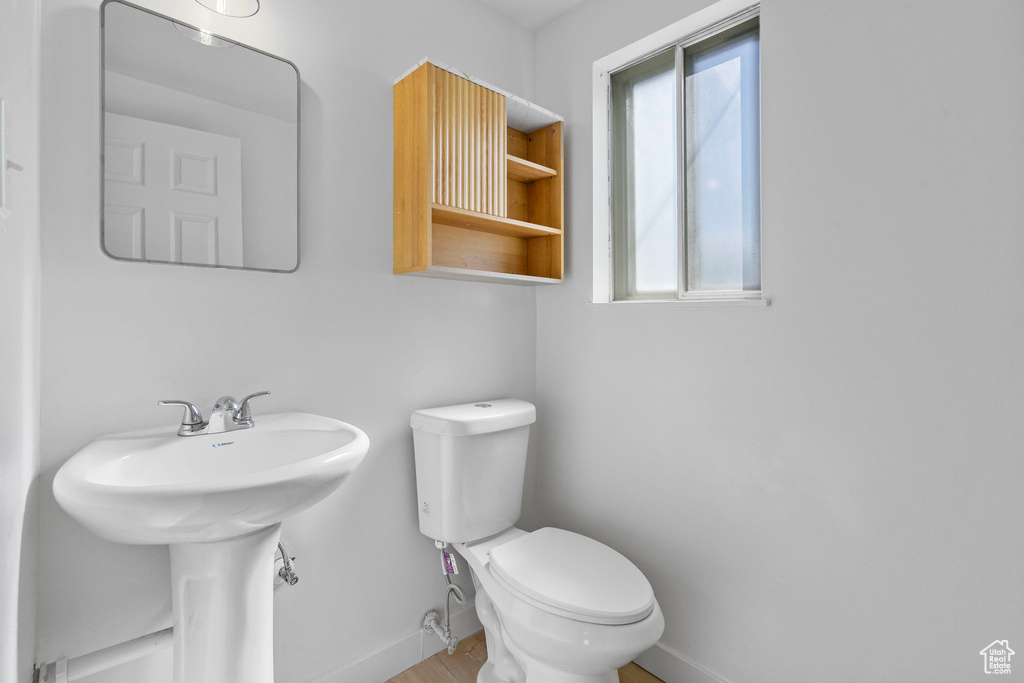 Bathroom with baseboards, toilet, and wood finished floors