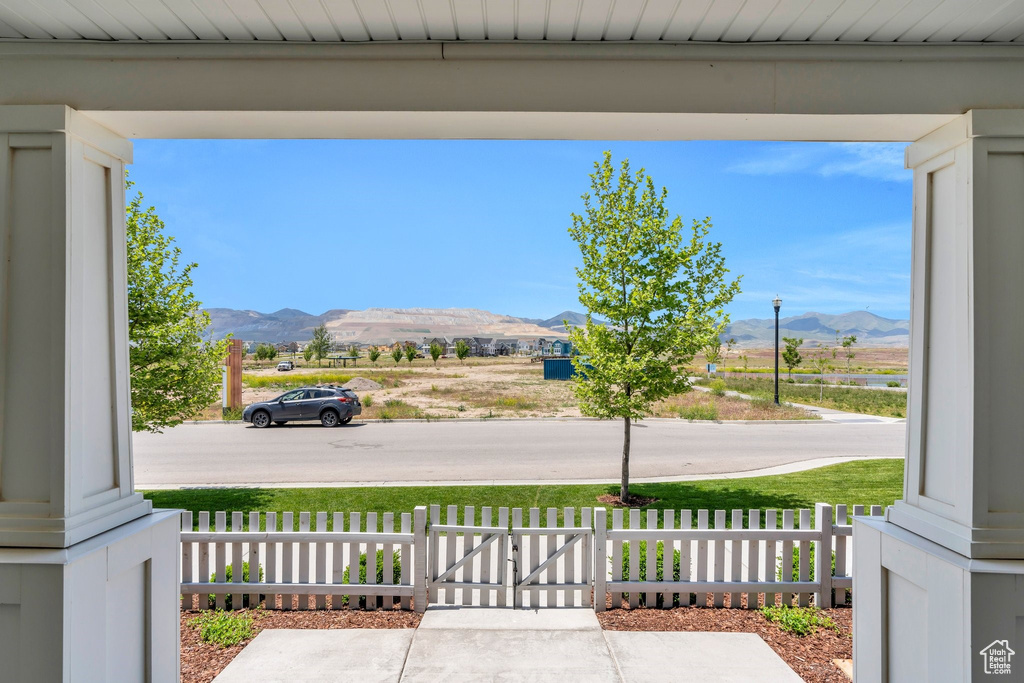 View of patio / terrace with a mountain view