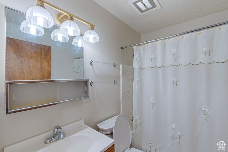 Bathroom featuring toilet, vanity, a shower with curtain, and vaulted ceiling