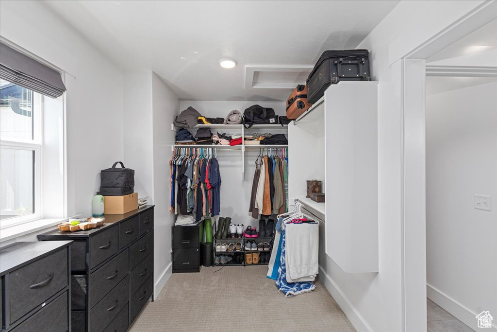 Spacious closet with light carpet