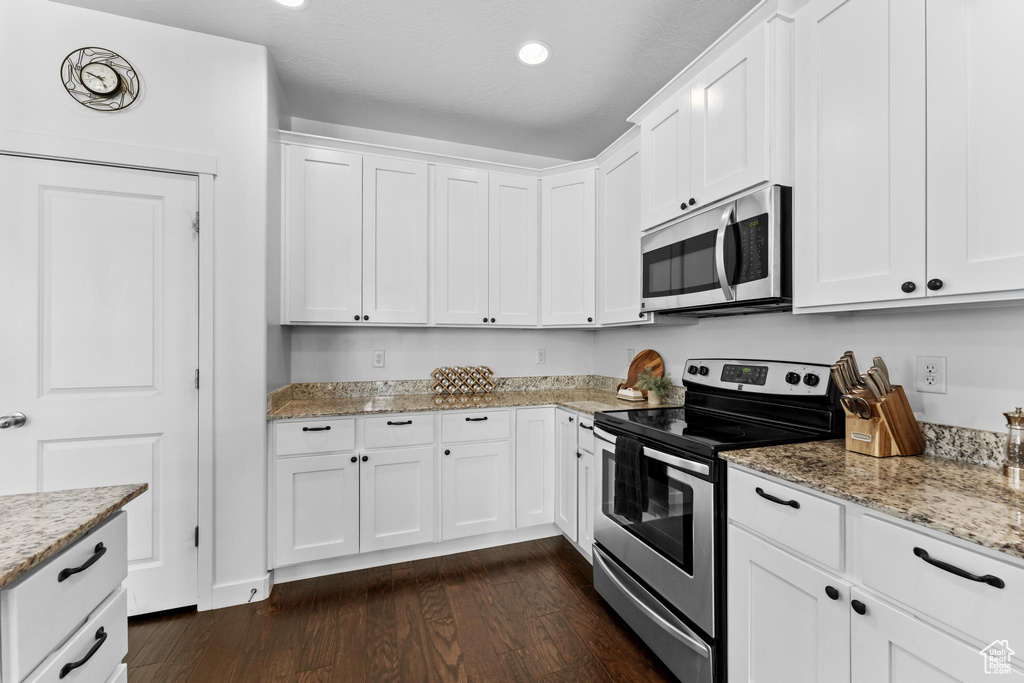 Kitchen with appliances with stainless steel finishes, dark wood-style floors, white cabinets, light stone counters, and recessed lighting