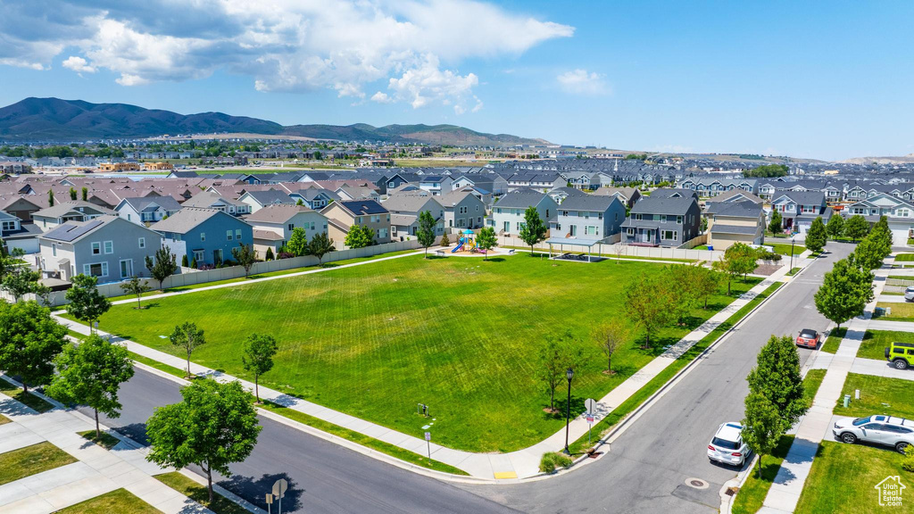 Aerial perspective of suburban area featuring mountains