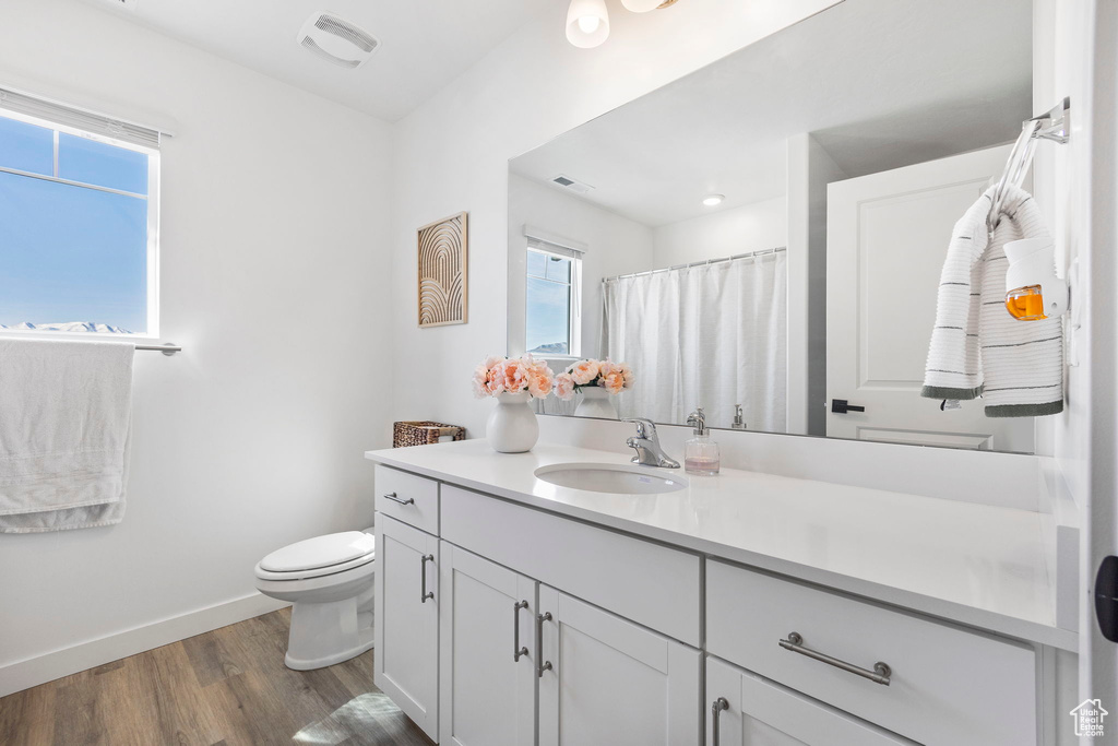 Bathroom with toilet, vanity, wood finished floors, baseboards, and a shower with curtain