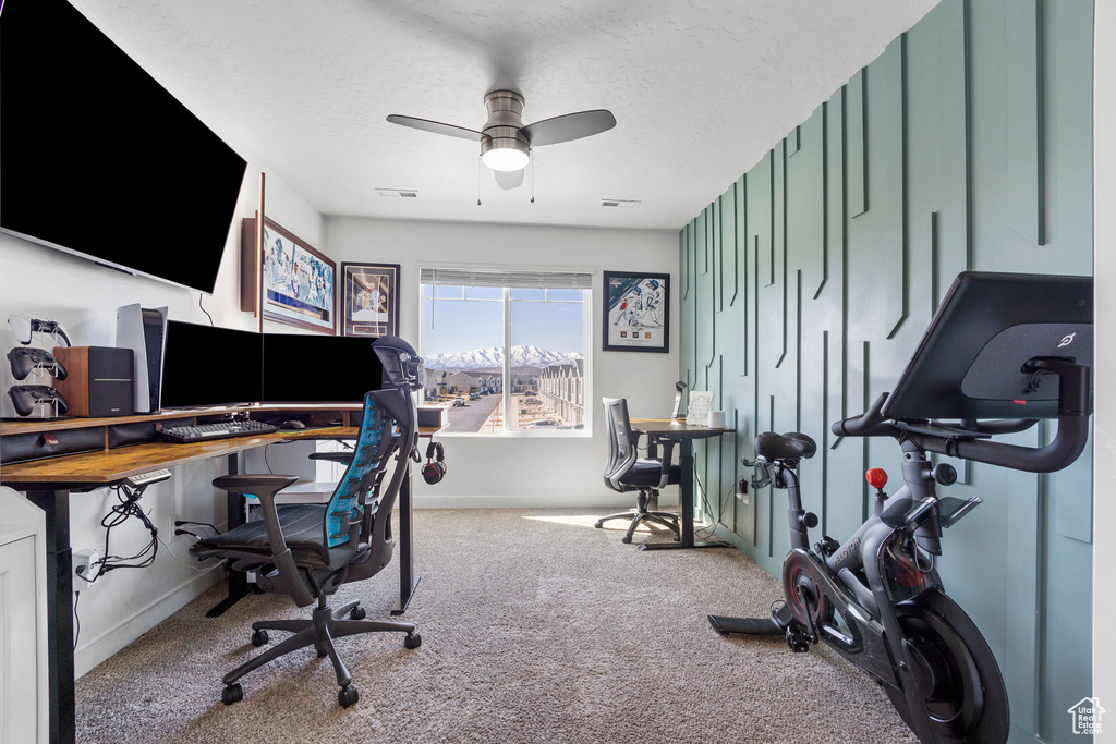 Office area featuring carpet floors, ceiling fan, baseboards, and a textured ceiling