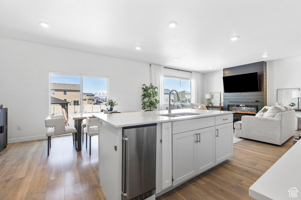 Kitchen with a sink, light wood-type flooring, open floor plan, plenty of natural light, and recessed lighting