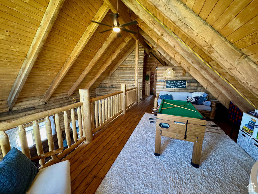 Recreation room with wood ceiling, ceiling fan, wood-type flooring, and wooden walls