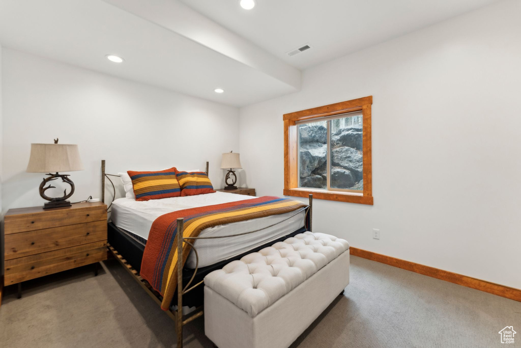 Bedroom featuring carpet, recessed lighting, and baseboards