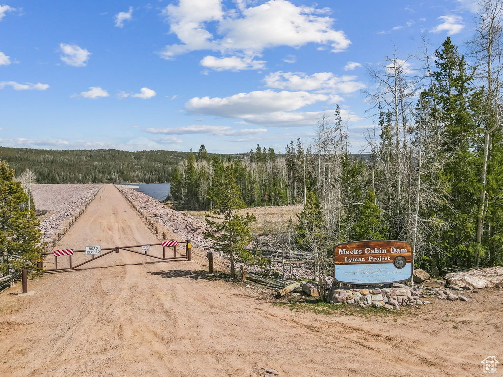 View of dirt / gravel road with a wooded view
