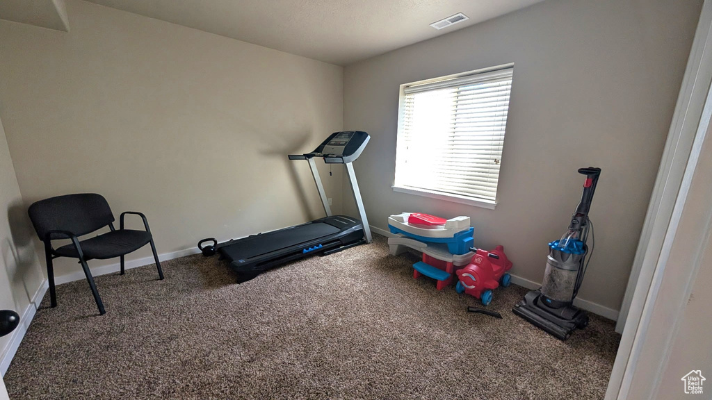 Workout area featuring carpet flooring and baseboards