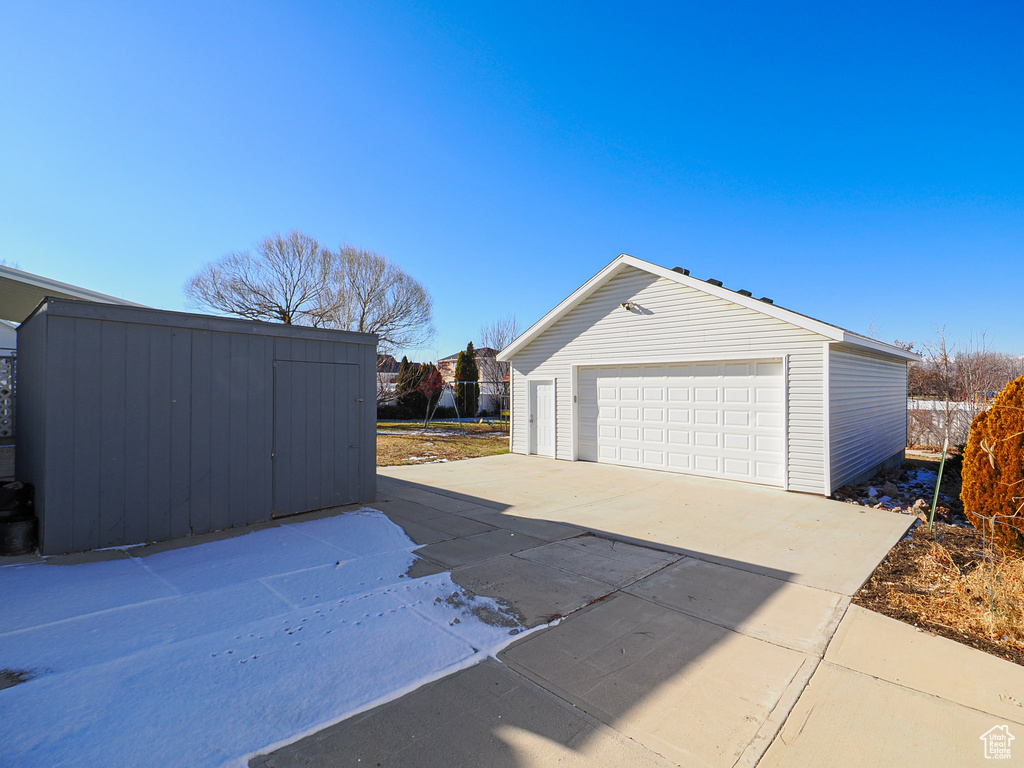 View of detached garage