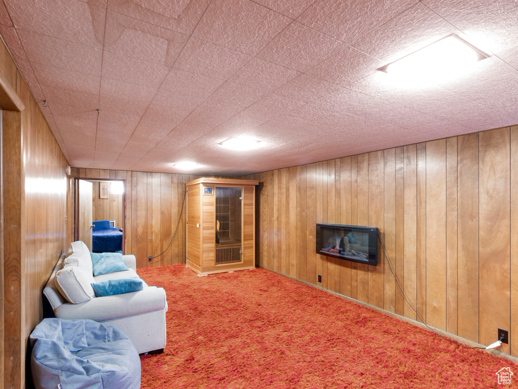 Carpeted living area with wood walls