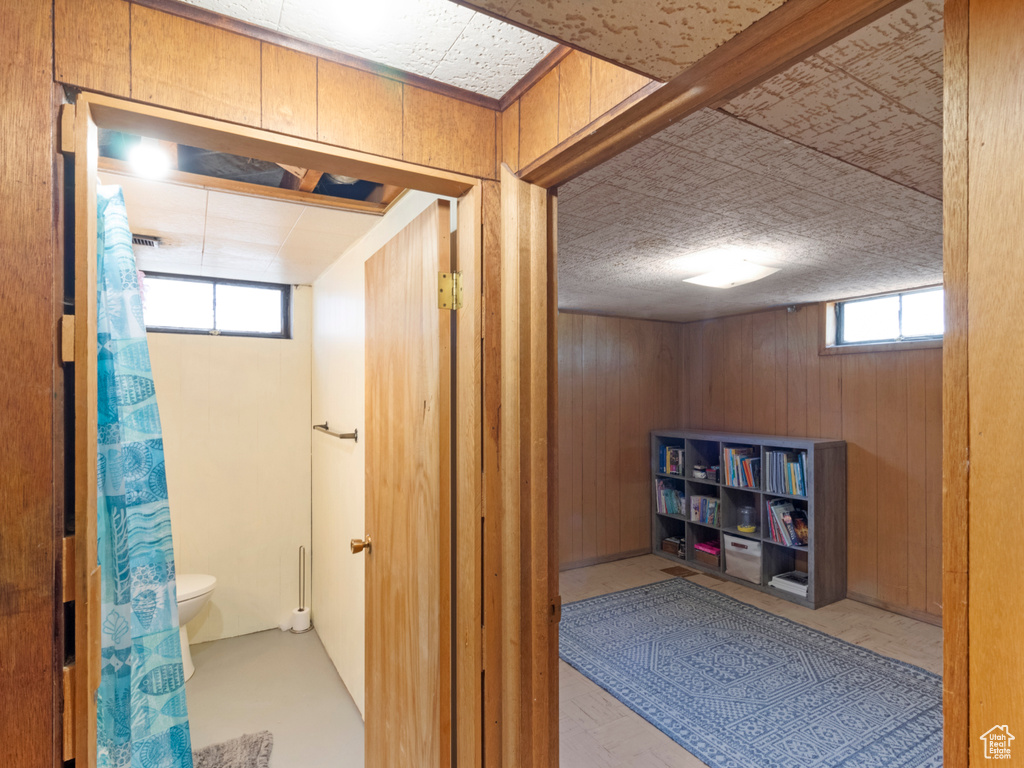 Basement with wooden walls and plenty of natural light