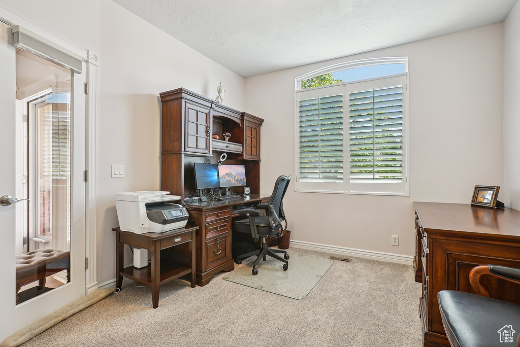 Office area featuring light carpet and baseboards