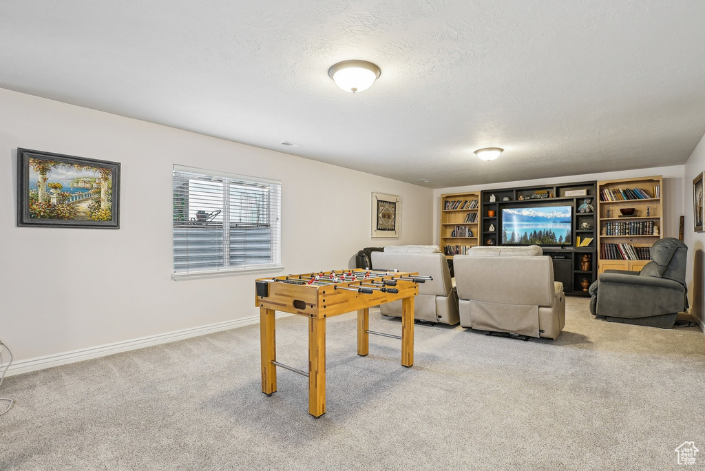 Rec room with light carpet and baseboards