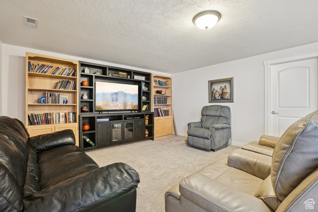 Carpeted living area with a textured ceiling and baseboards