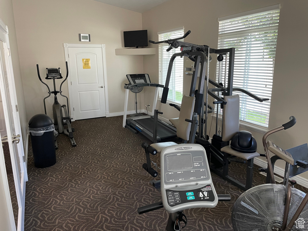 Workout area with carpet flooring, baseboards, and vaulted ceiling