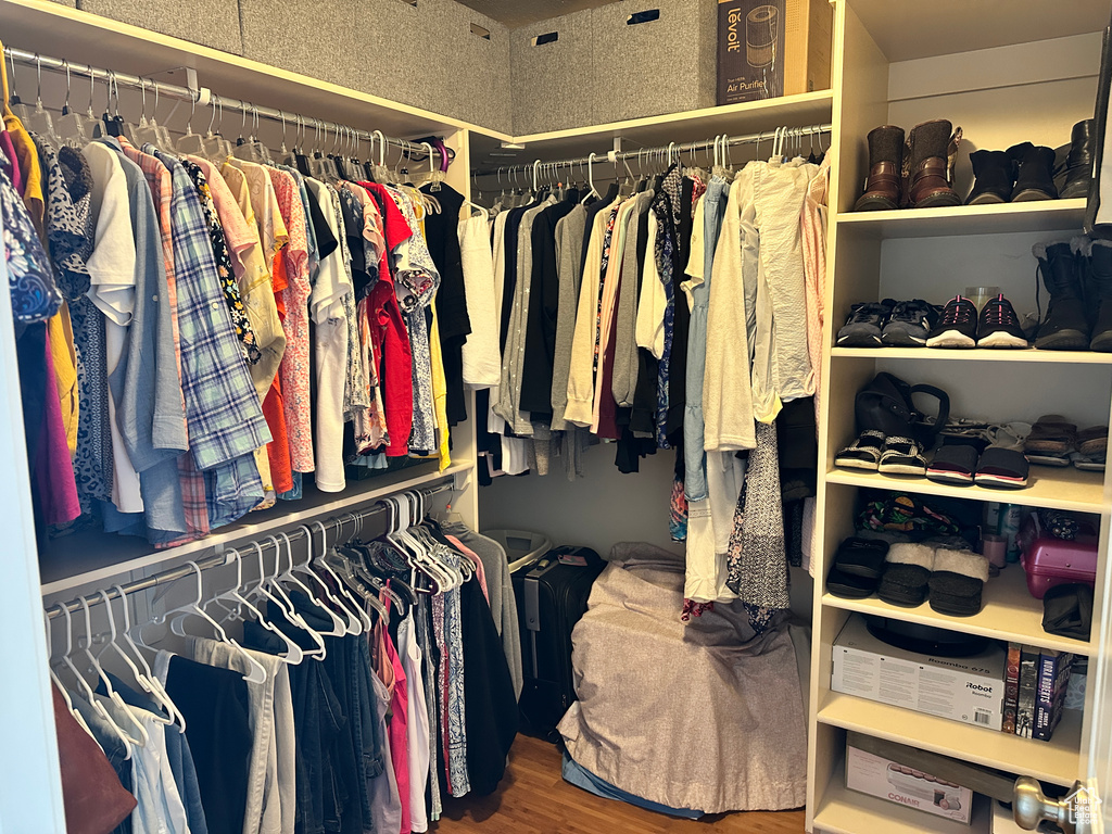 Walk in closet with wood finished floors