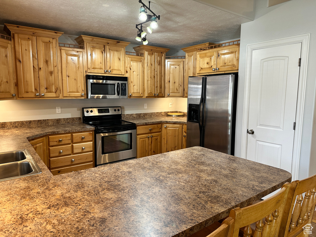 Kitchen with appliances with stainless steel finishes, a textured ceiling, dark countertops, a peninsula, and a sink