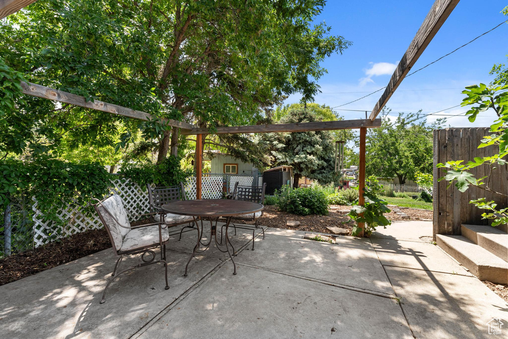 Fenced backyard with outdoor dining space and a patio area