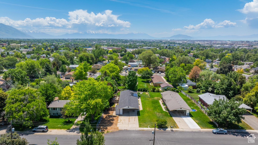 Aerial perspective of suburban area with mountains