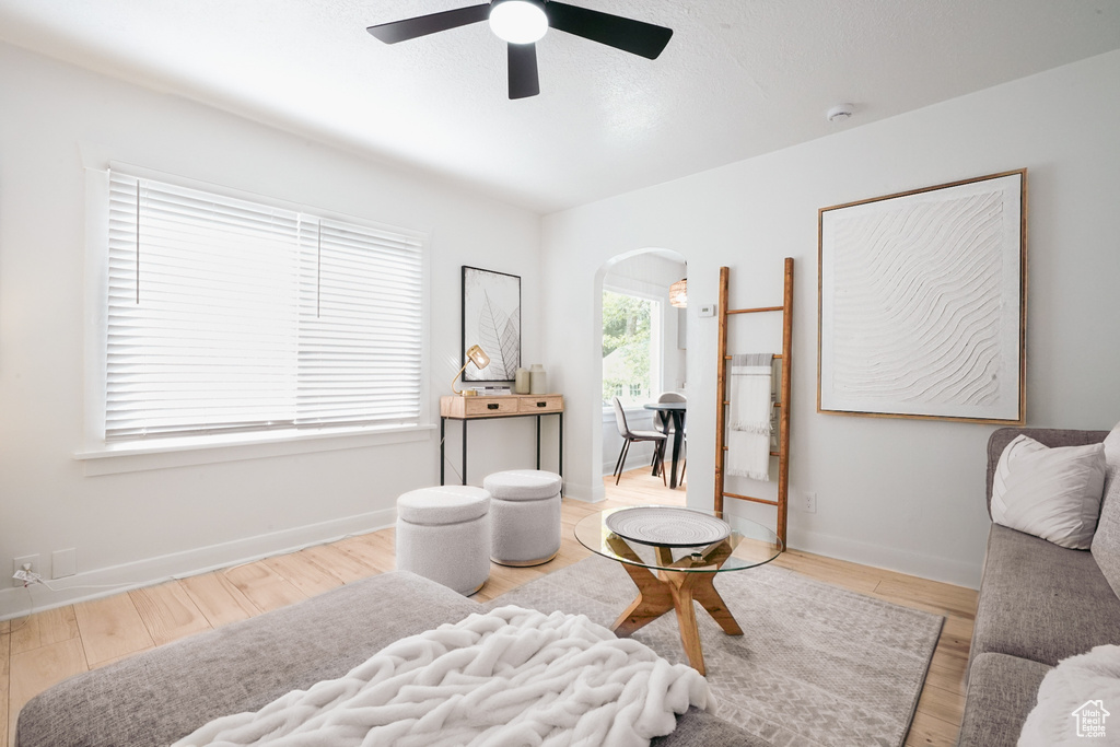 Living area with arched walkways, a ceiling fan, wood finished floors, and baseboards