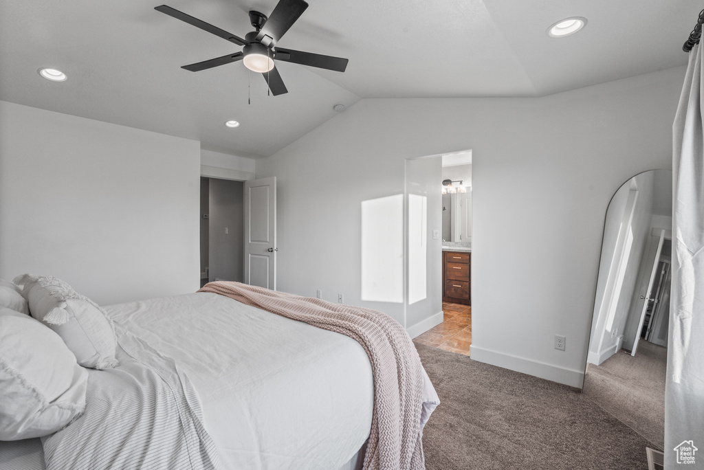 Bedroom with lofted ceiling, carpet flooring, recessed lighting, baseboards, and ceiling fan