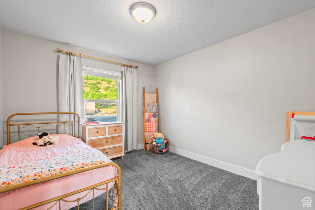 Bedroom featuring carpet flooring, baseboards, and a textured ceiling