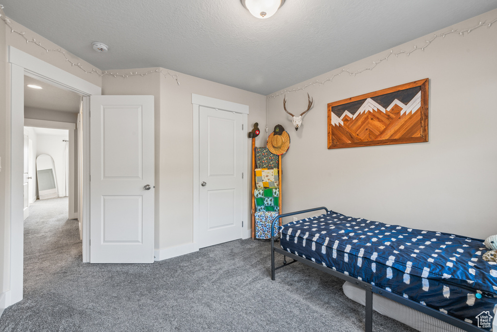 Carpeted bedroom with a textured ceiling