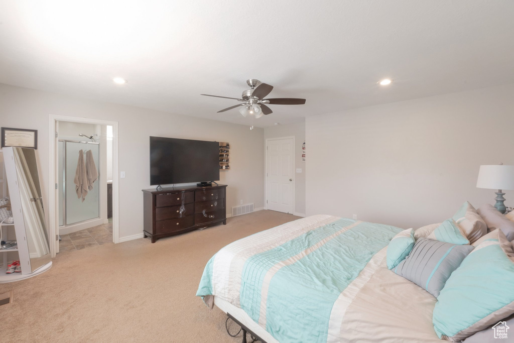 Bedroom featuring light colored carpet, recessed lighting, baseboards, and ceiling fan