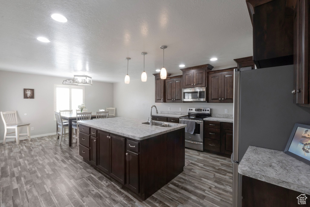 Kitchen with stainless steel appliances, a sink, light countertops, dark brown cabinetry, and dark wood-type flooring
