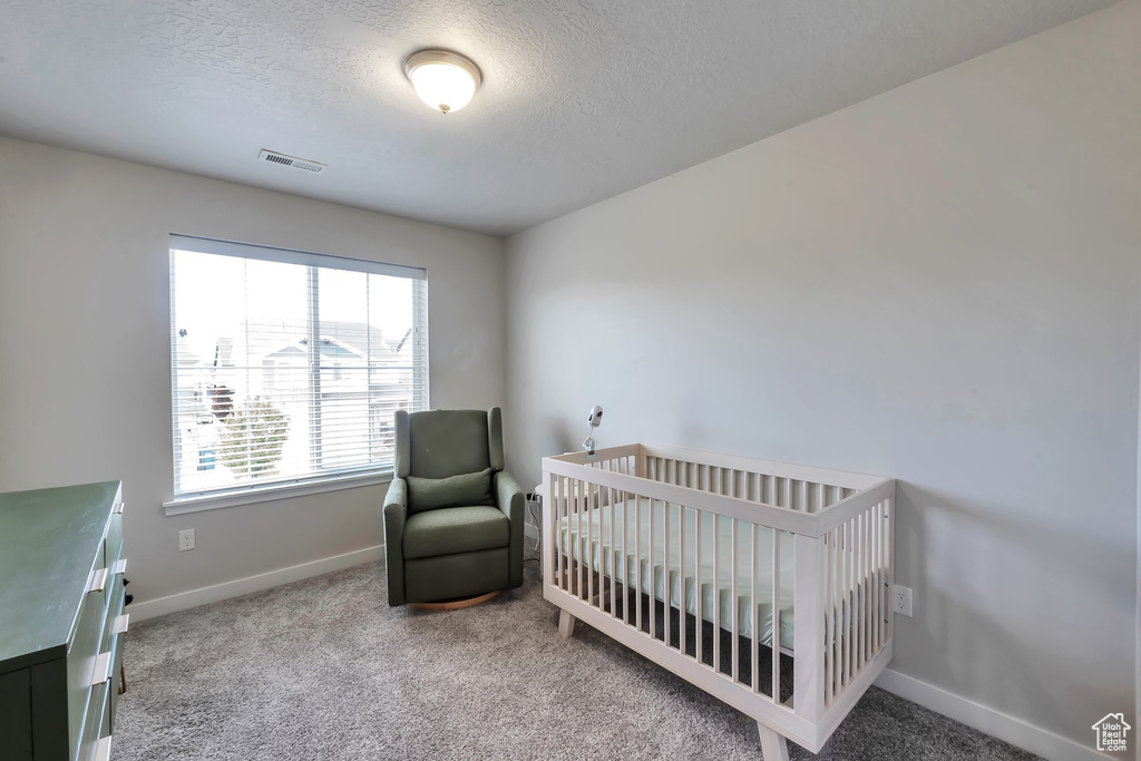 Carpeted bedroom with baseboards and a textured ceiling