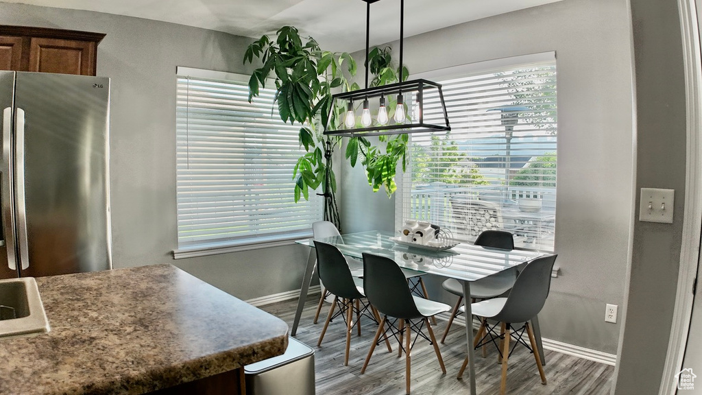 Dining space with baseboards, healthy amount of natural light, and wood finished floors