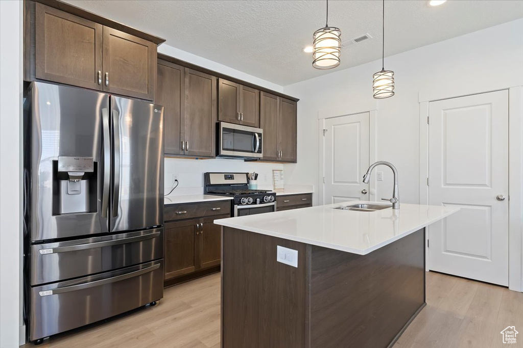 Kitchen with stainless steel appliances, a sink, light wood-style floors, and dark brown cabinetry