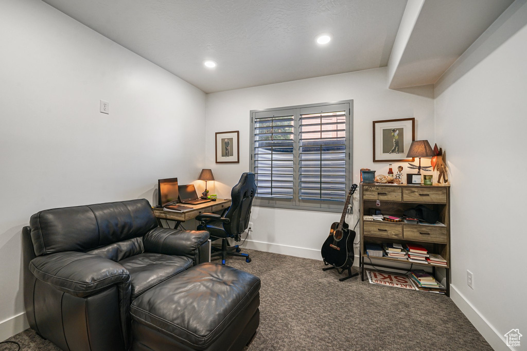 Carpeted office featuring baseboards and recessed lighting