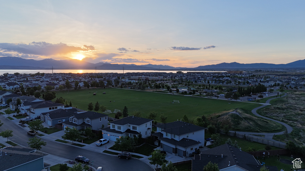 Aerial view at dusk of a mountain view and a residential view