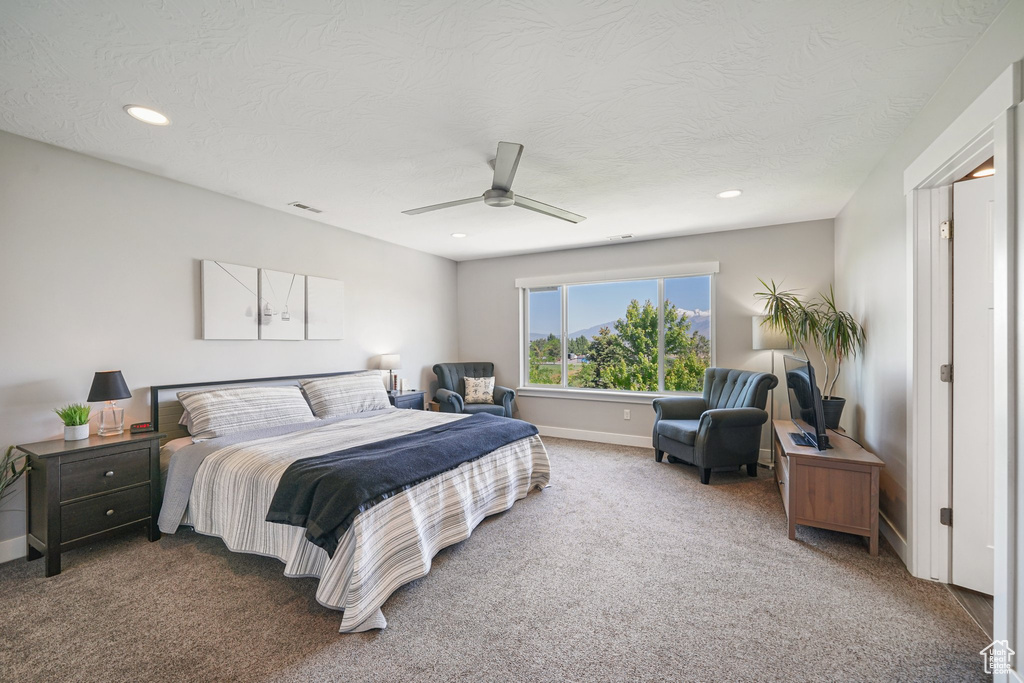 Carpeted bedroom featuring ceiling fan, recessed lighting, baseboards, and a textured ceiling
