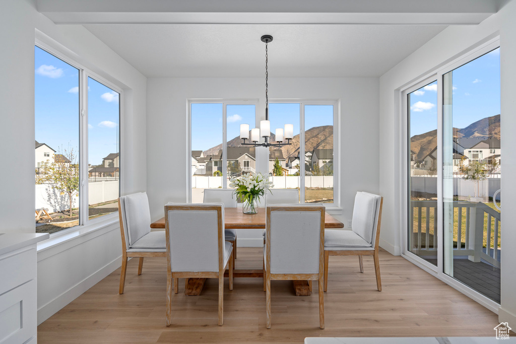 Dining room with a chandelier, light wood finished floors, and a residential view