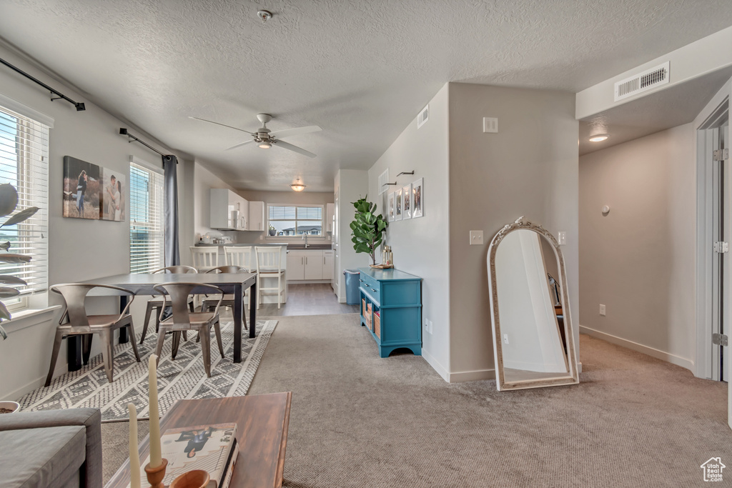 Living room featuring ceiling fan, a textured ceiling, light carpet, and baseboards
