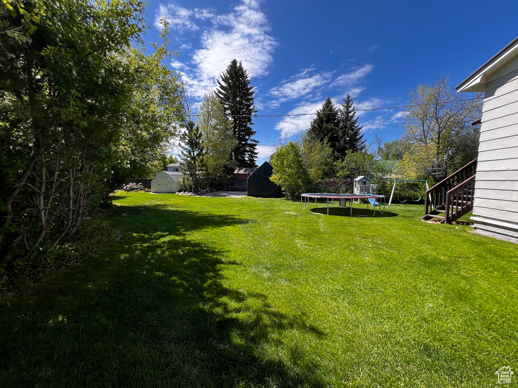 View of grassy yard featuring a trampoline, stairs, and a shed