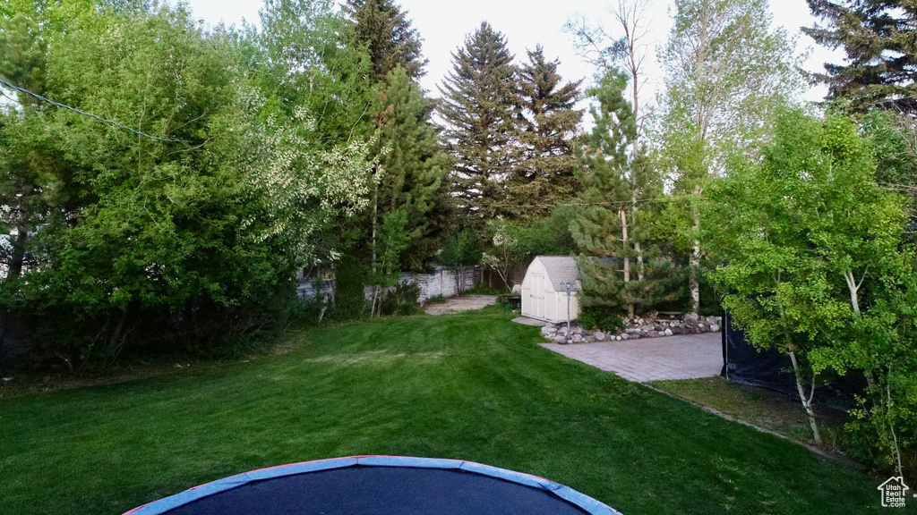 View of grassy yard with a patio area