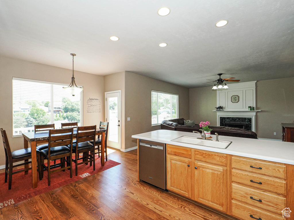 Kitchen featuring dishwasher, a ceiling fan, a sink, open floor plan, and wood finished floors