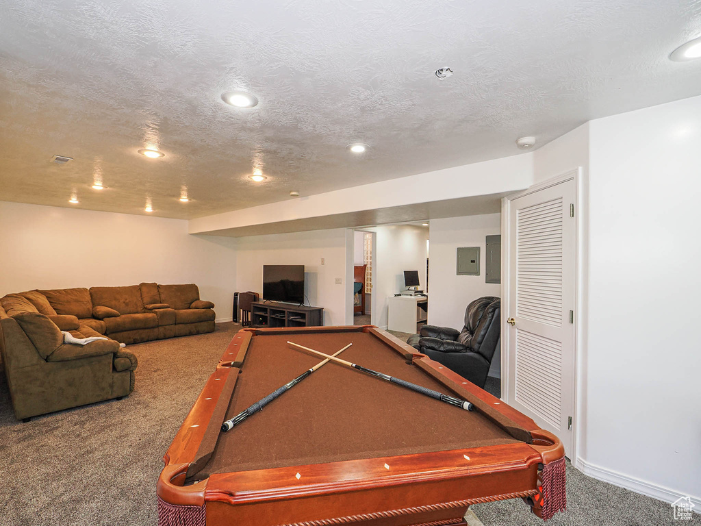 Playroom with carpet, pool table, baseboards, electric panel, and recessed lighting