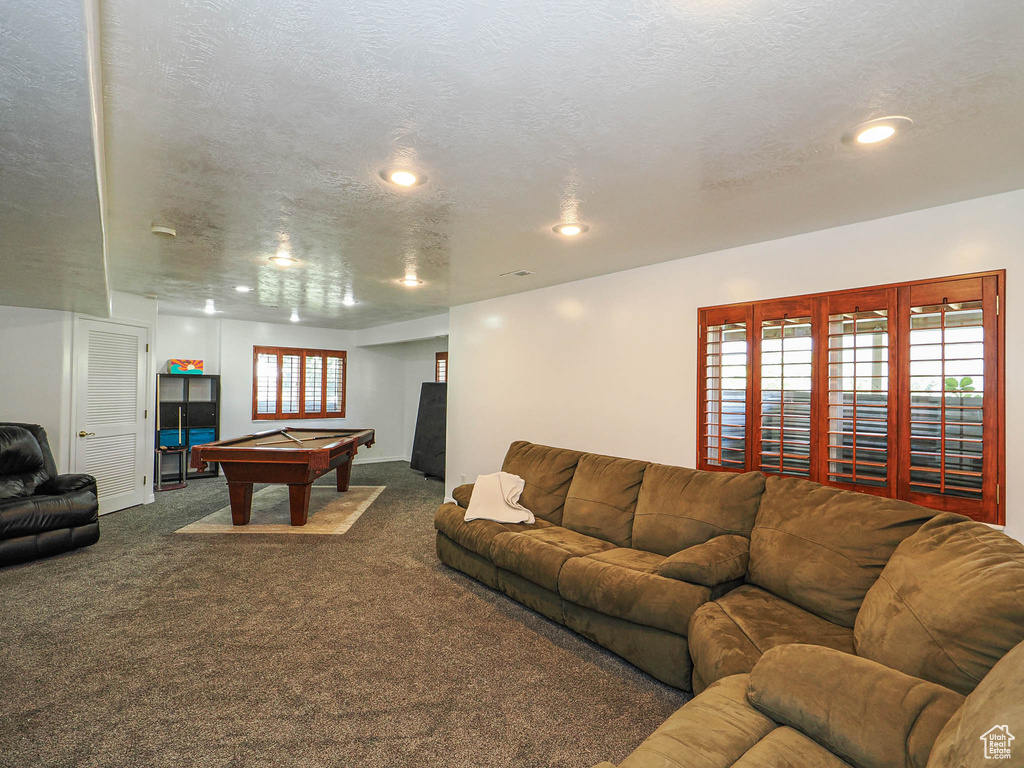 Game room with pool table, carpet flooring, recessed lighting, and a textured ceiling