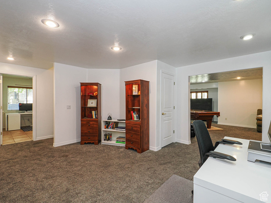 Office space featuring carpet flooring, recessed lighting, billiards, and baseboards