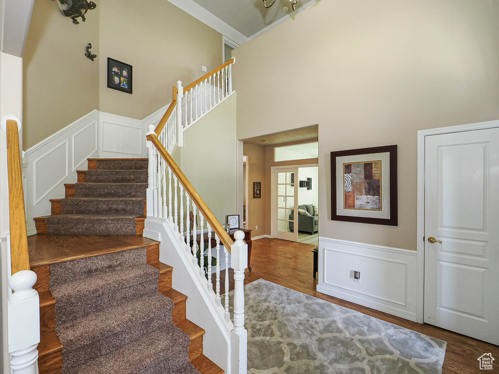 Stairs with wood finished floors, a wainscoted wall, a decorative wall, and a high ceiling