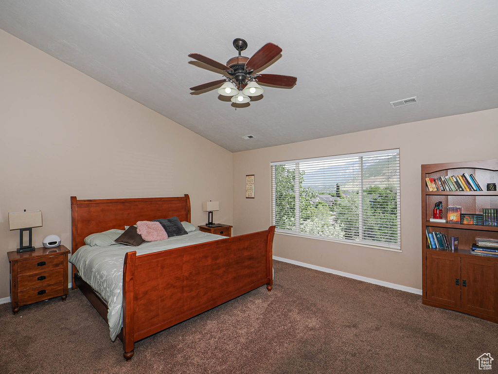 Carpeted bedroom featuring baseboards, lofted ceiling, and ceiling fan