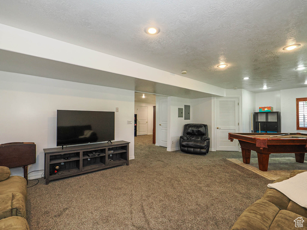Carpeted living area with pool table, a textured ceiling, electric panel, recessed lighting, and baseboards