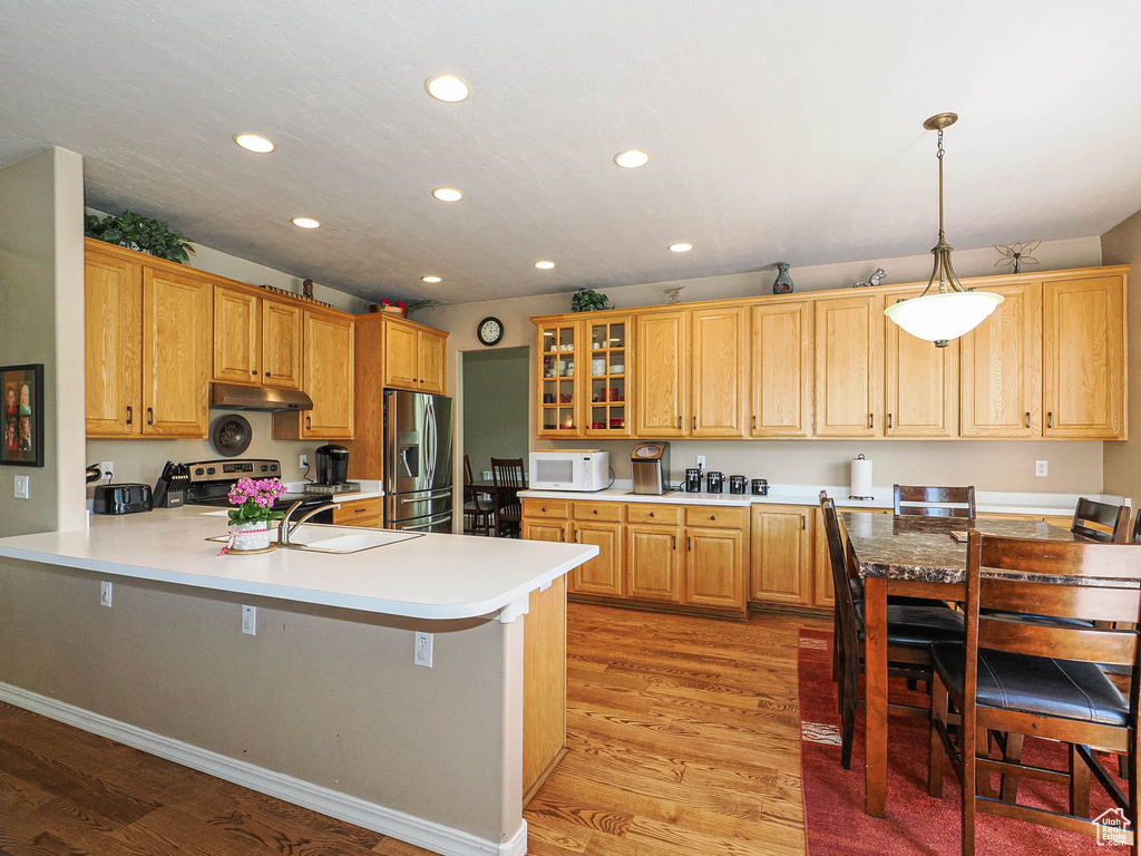 Kitchen with stainless steel appliances, under cabinet range hood, recessed lighting, light wood-type flooring, and a peninsula