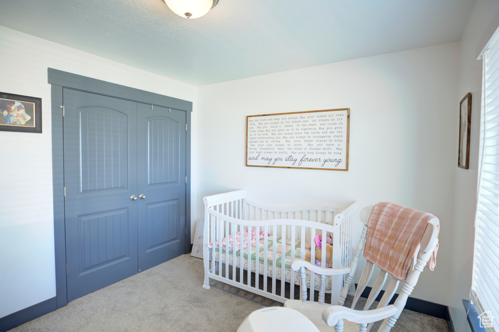 Bedroom with a closet, carpet, and multiple windows